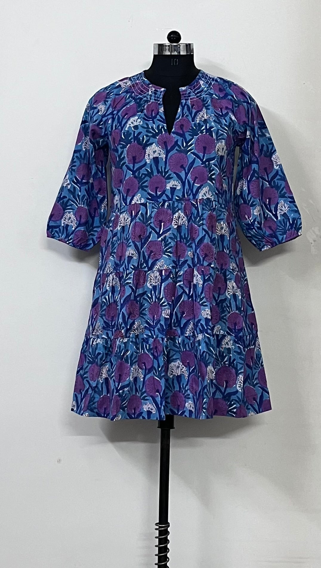The Dahlia Smocked Neck 3/4 Sleeve Dress in Lavender and Blue Hand Blocked Cotton — view 7