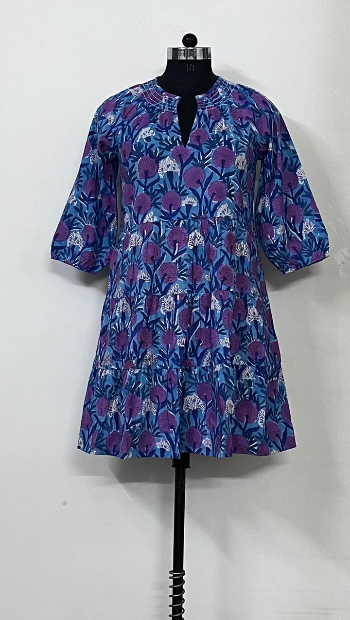 The Dahlia Smocked Neck 3/4 Sleeve Dress in Lavender and Blue Hand Blocked Cotton — view 7