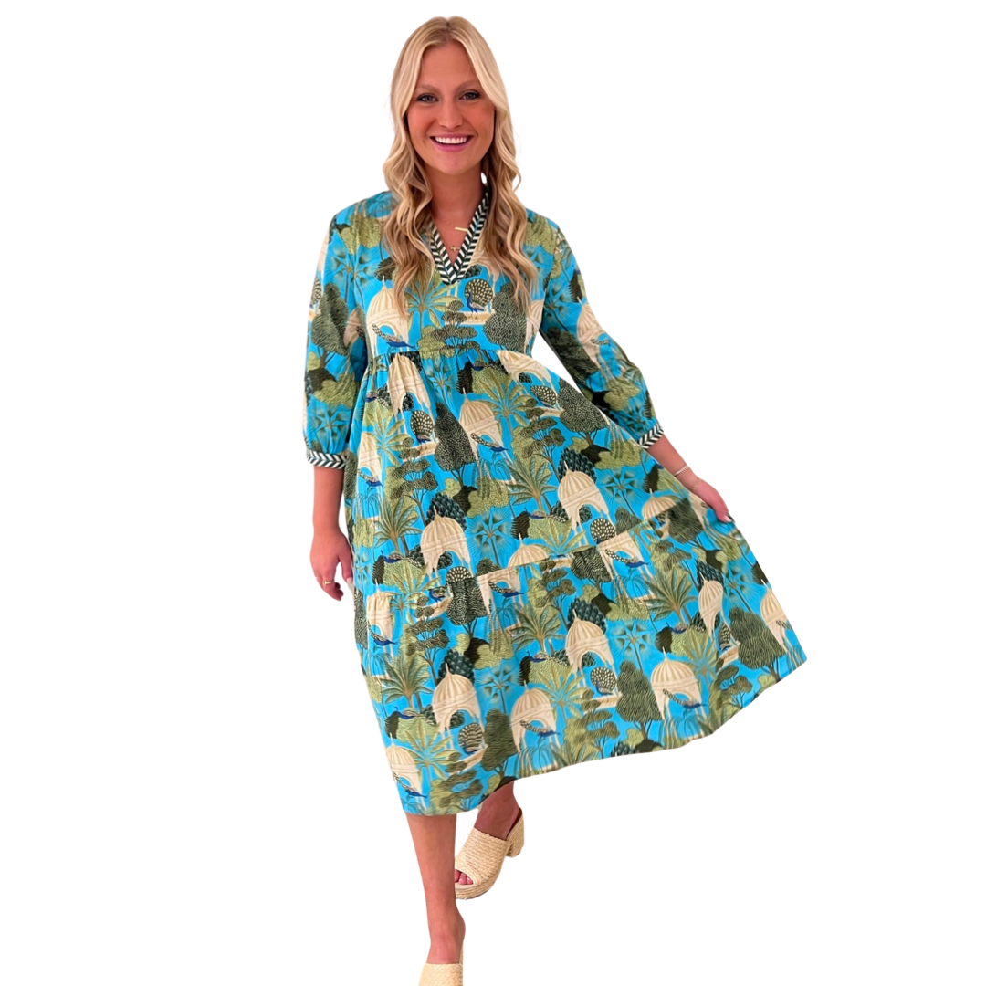 The Morley Long Length Dress in Turquoise Tropical Cabana Cotton — view 3