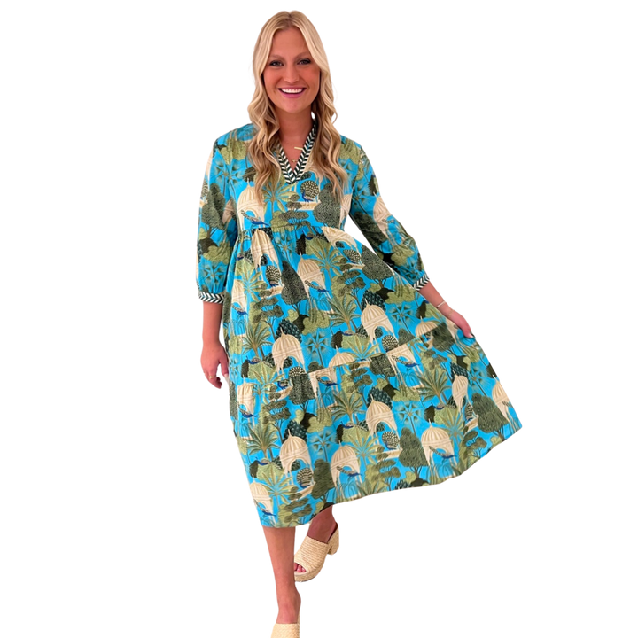 The Morley Long Length Dress in Turquoise Tropical Cabana Cotton — view 3