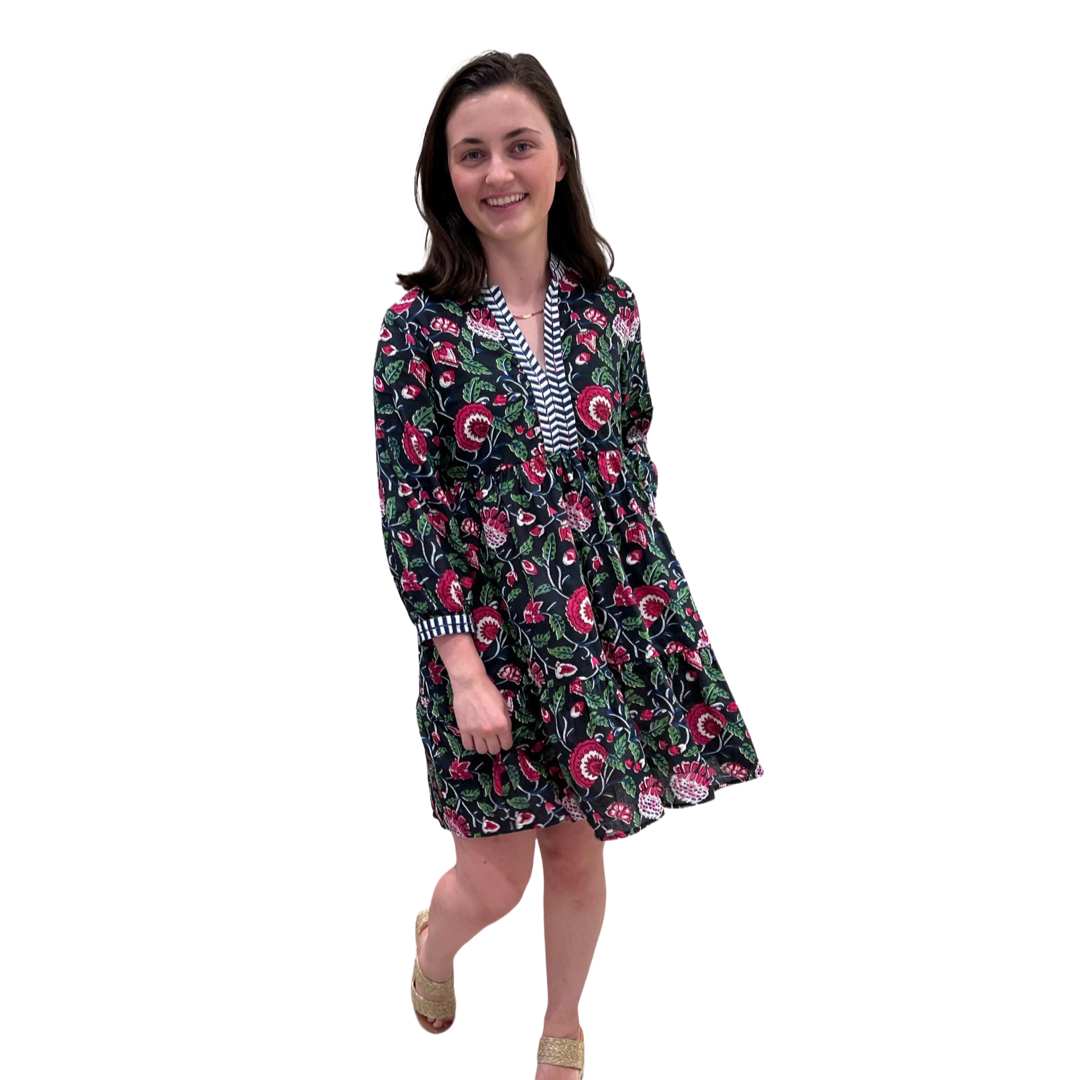 The Naomi Cotton Block Print Black Pink Floral Dress with Embroidered Trim — view 2