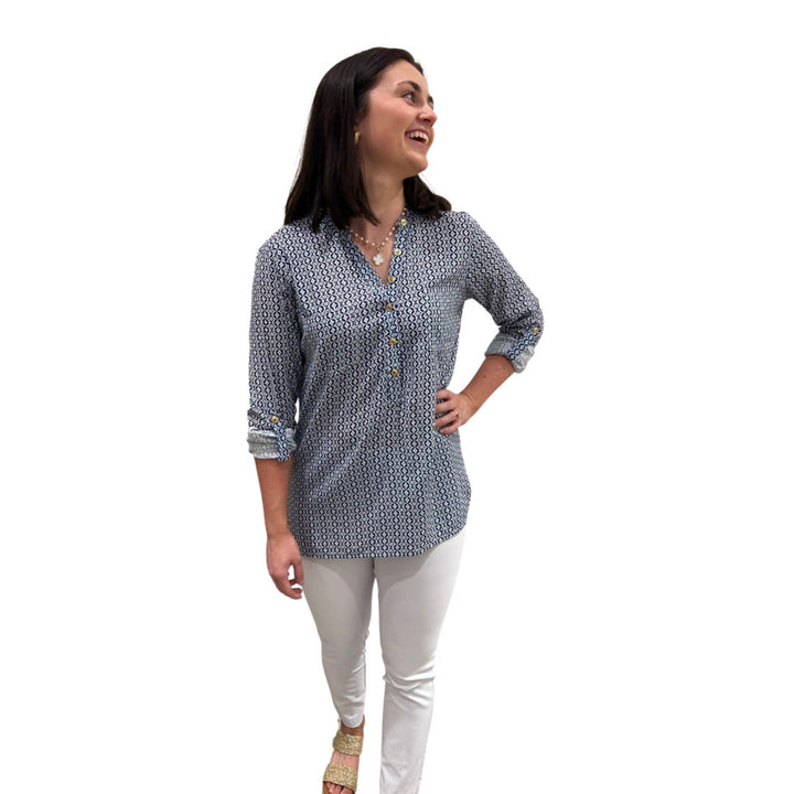 The Gretchen Button Front Long Sleeve top in Navy and White — view 4