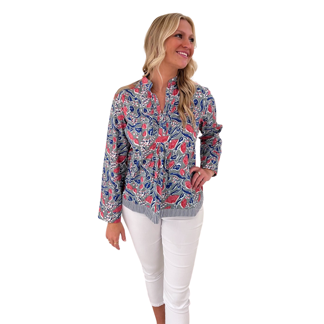 The Alexis Block Print Top in Pink and Blue Floral — view 6