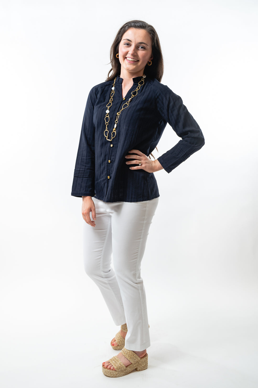 The Clayton Textured Stripe Navy Button Front Top — view 3