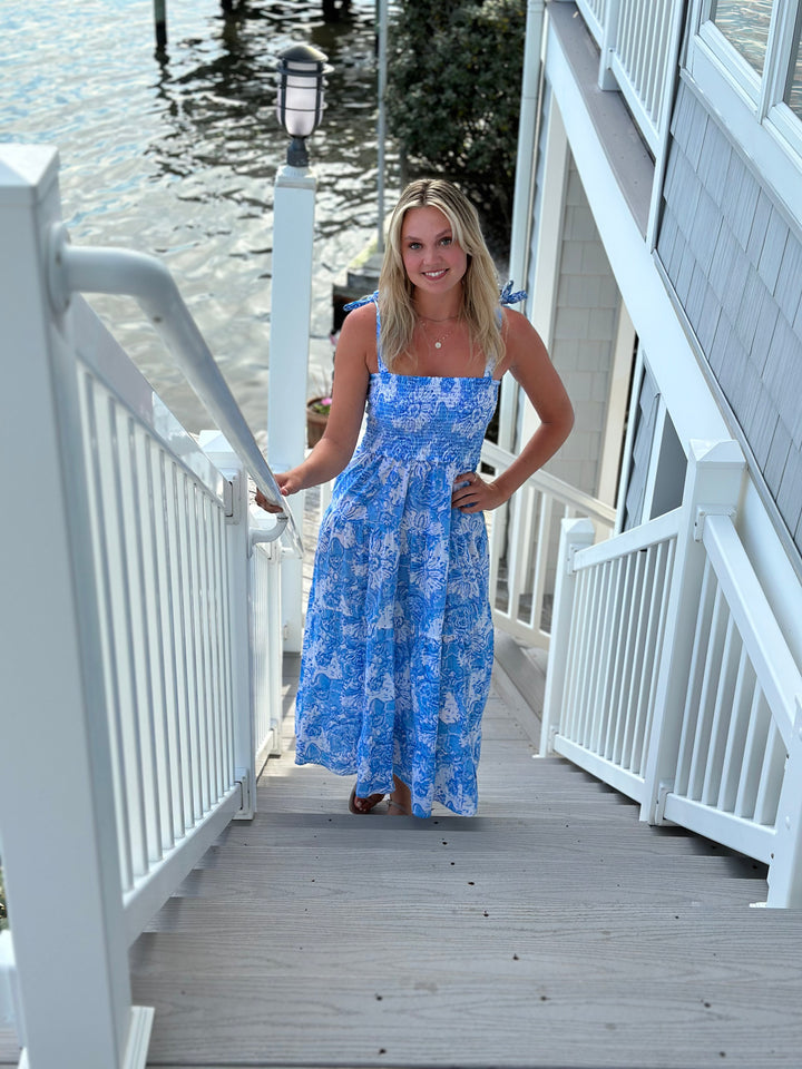 The Rebecca Smocked Top Tie Shoulder Dress in Blue and White Floral — view 8