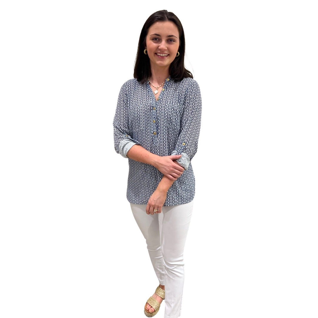 The Gretchen Button Front Long Sleeve top in Navy and White — view 3