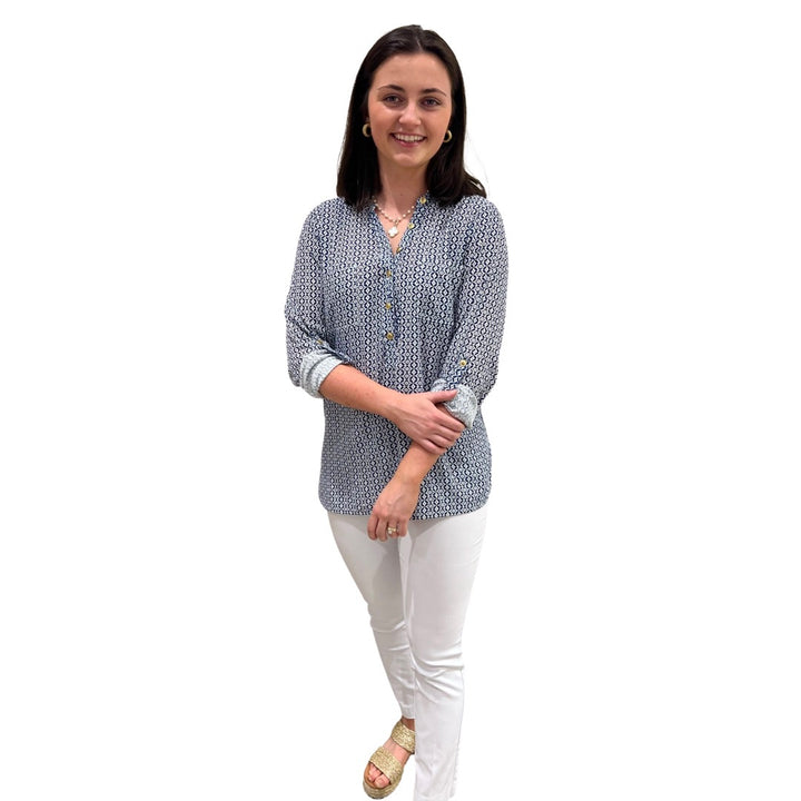 The Gretchen Button Front Long Sleeve top in Navy and White — view 3