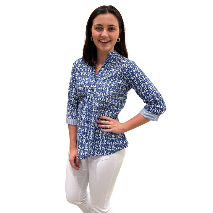 The Eloise Cotton Block Print Top in Blue Tulip Floral — view 6
