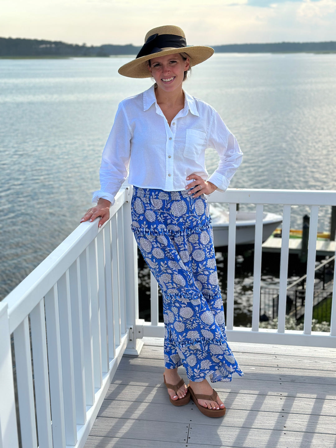 The Kara Long Length Hand Block Printed Skirt in Blue and White — view 6