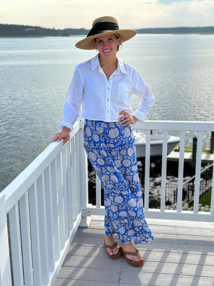 The Kara Long Length Hand Block Printed Skirt in Blue and White — view 6