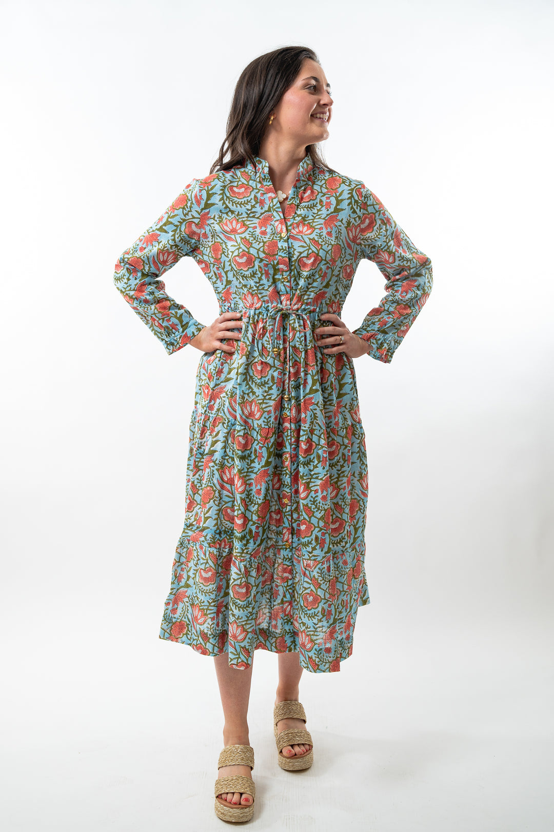The Hamilton Cinch Waist Long Length Dress in Turquoise and Coral Hand Block Floral — view 3
