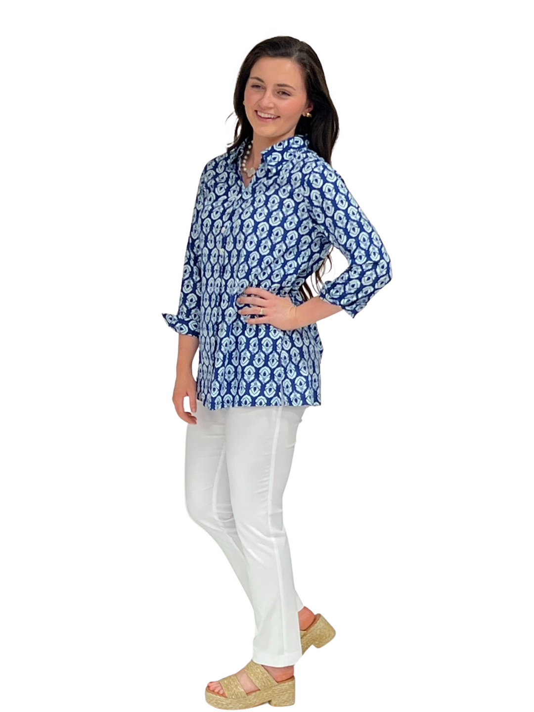 The Mason Navy Blue and White Cotton Button Back Top — view 2