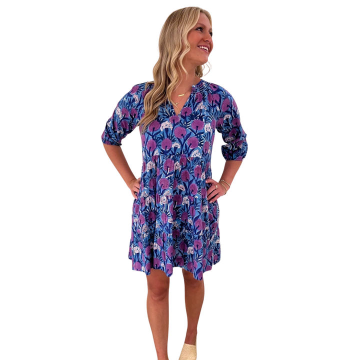 The Dahlia Smocked Neck 3/4 Sleeve Dress in Lavender and Blue Hand Blocked Cotton — view 2