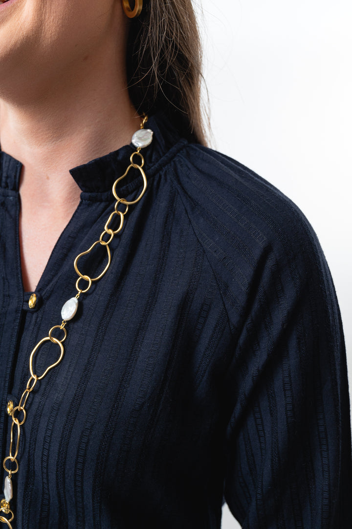 The Clayton Textured Stripe Navy Button Front Top — view 6