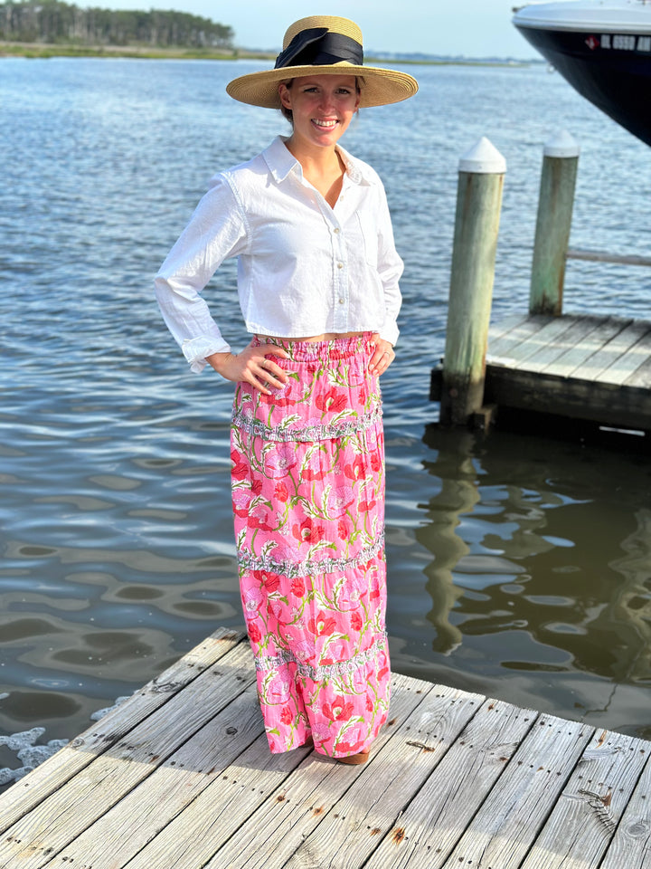 The Kara Block Print Long Length Skirt in Pink Floral — view 6