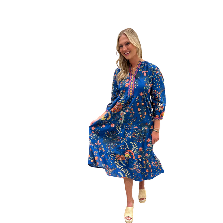 The Daniella Embroidered Trim Long Length Dress in Blue Gallery Floral — view 4