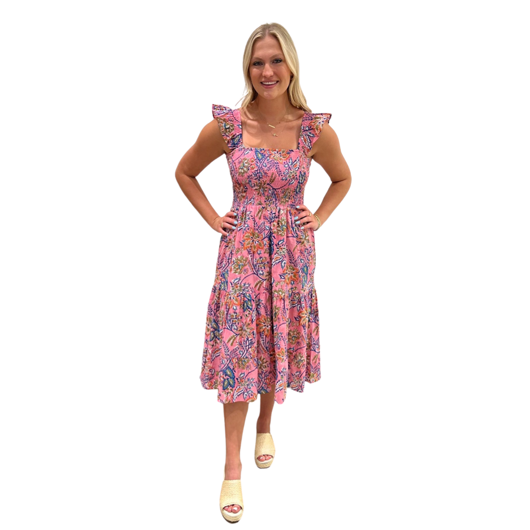 The Cloey Pretty-in-Pink Cotton Block Print Smocked Dress — view 2
