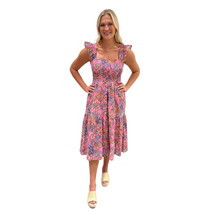 The Cloey Pretty-in-Pink Cotton Block Print Smocked Dress — view 2