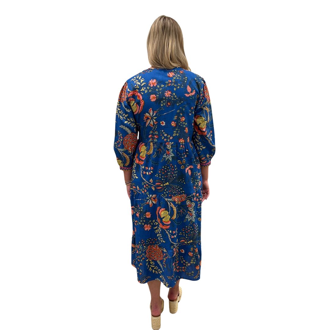The Daniella Embroidered Trim Long Length Dress in Blue Gallery Floral — view 5