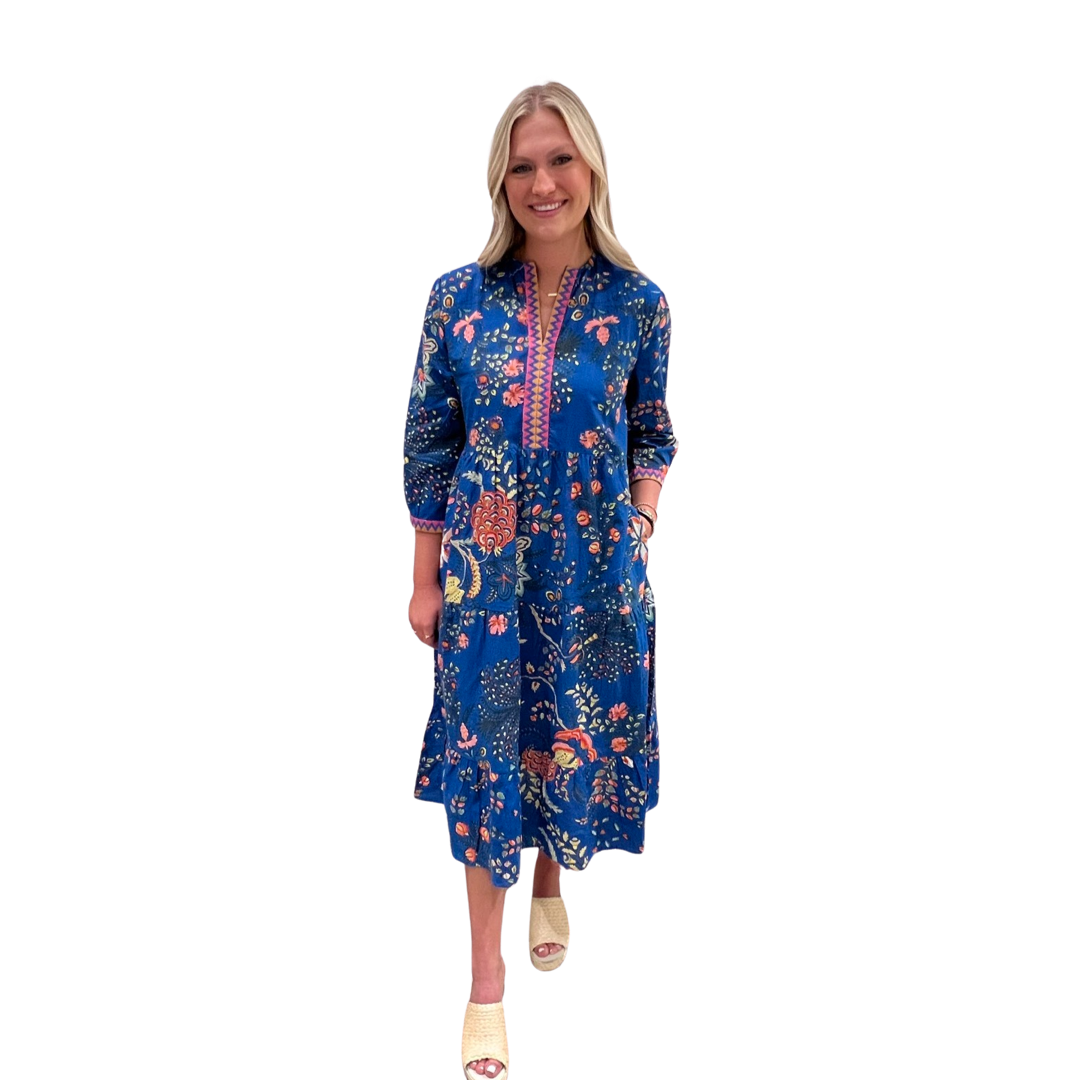 The Daniella Embroidered Trim Long Length Dress in Blue Gallery Floral