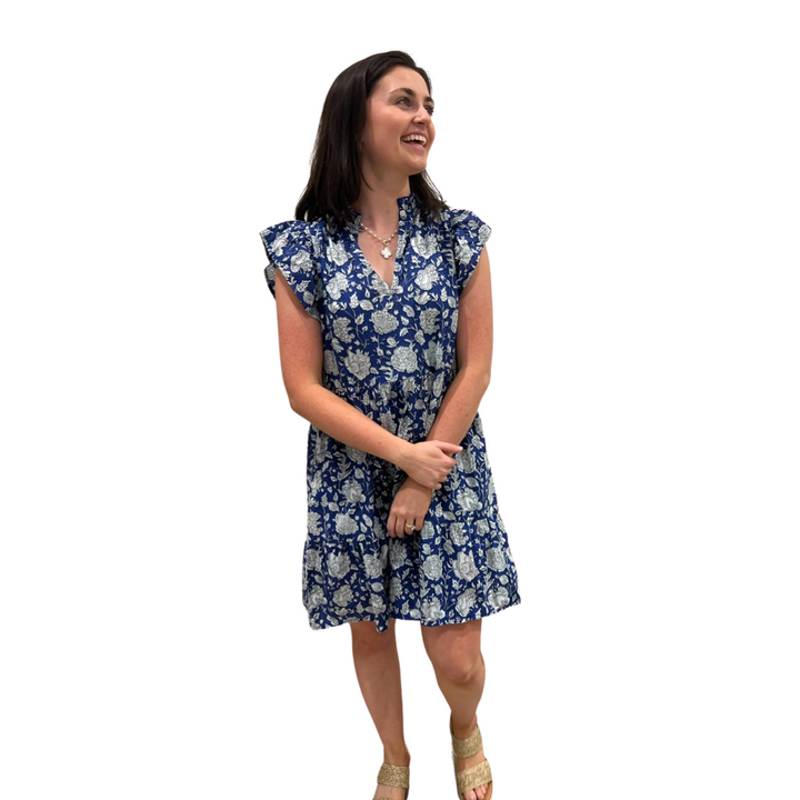 The Tinley Blue White Floral Cotton Block Print Short Dress — view 3