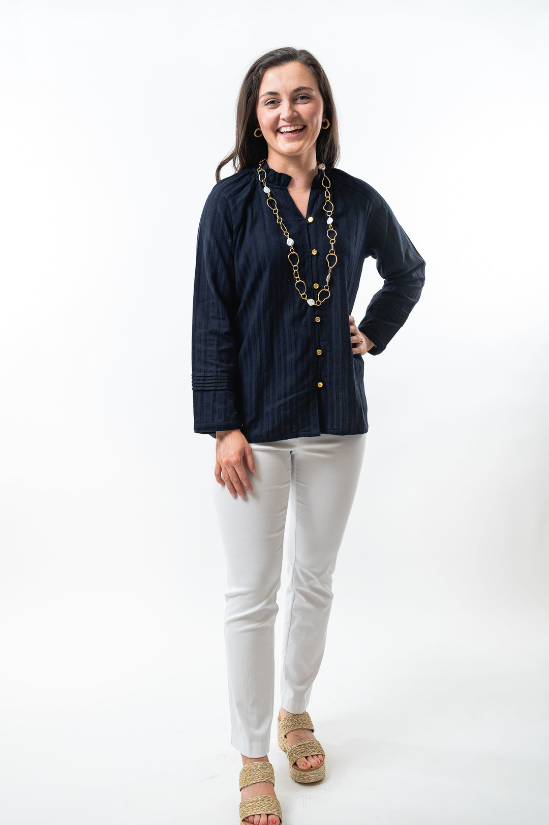 The Clayton Textured Stripe Navy Button Front Top