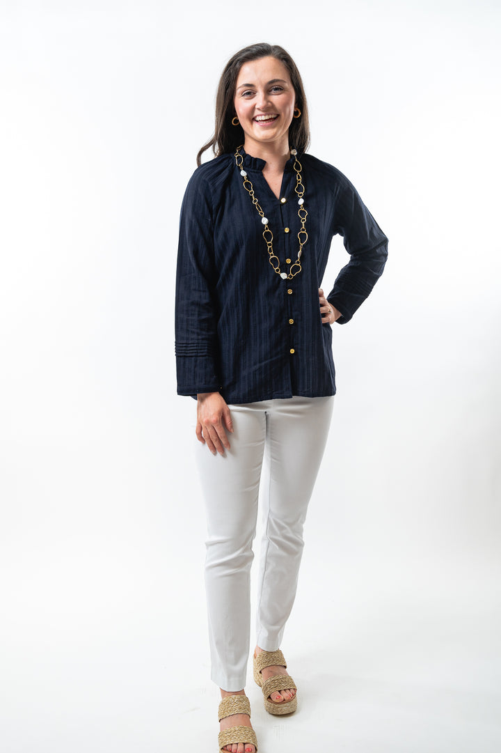 The Clayton Textured Stripe Navy Button Front Top