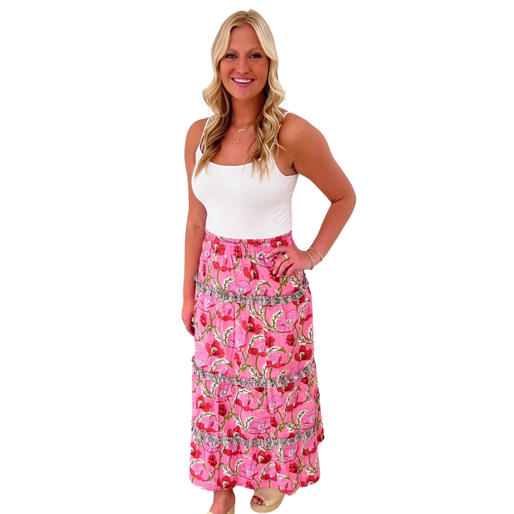 The Kara Block Print Long Length Skirt in Pink Floral — view 2