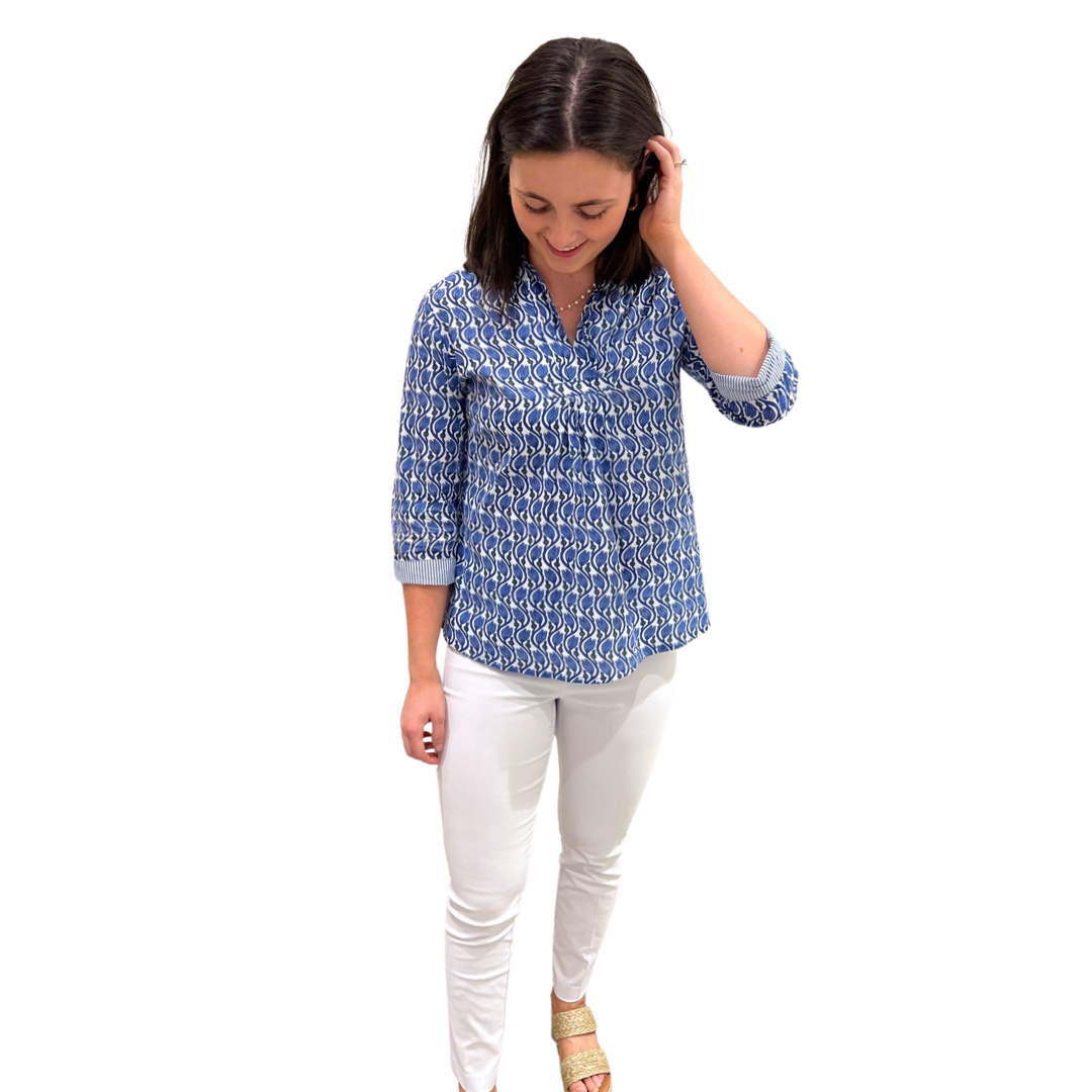 The Eloise Cotton Block Print Top in Blue Tulip Floral — view 5