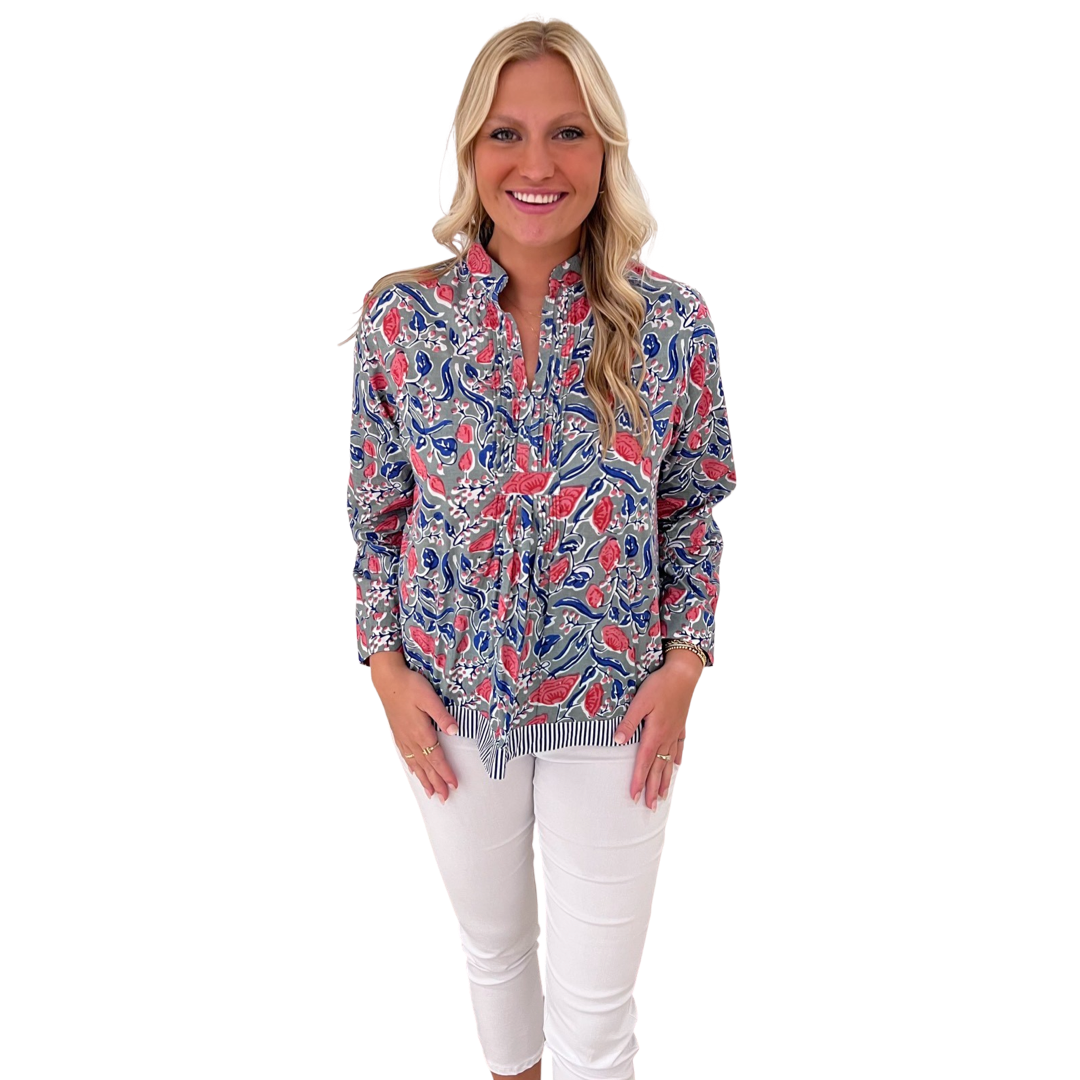 The Alexis Block Print Top in Pink and Blue Floral — view 5