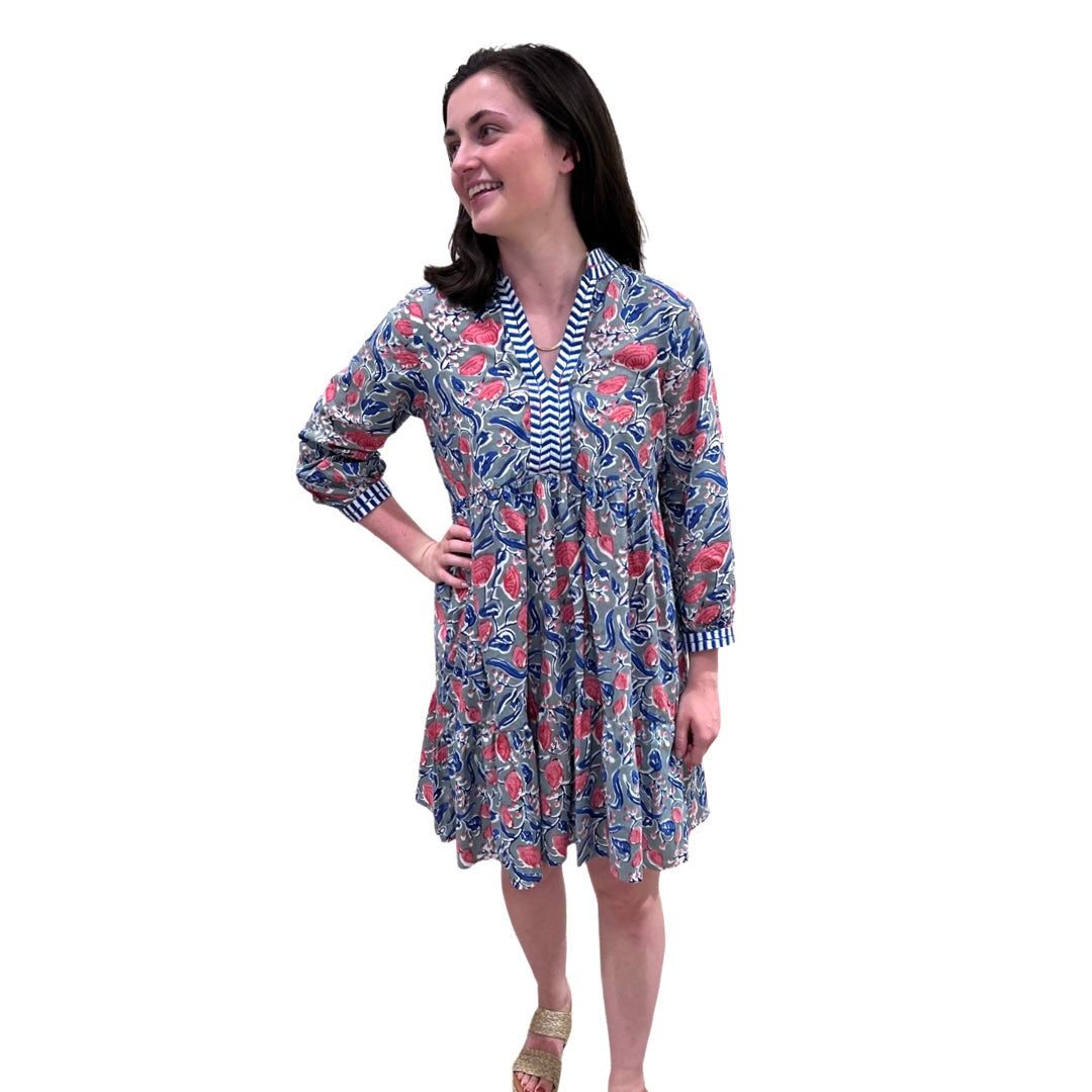 The Naomi Embroidered Trim Dress in Hand Blocked Blue Pink Floral Liza Byrd The Naomi Embroidered Trim Dress in Hand Blocked Blue Pink Floral Liza Byrd