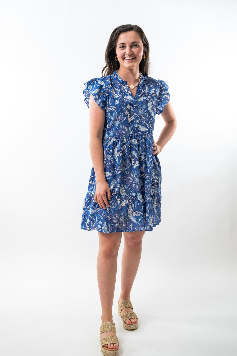 The Tinley Short Length Cotton Floral Block Print Dress in Brilliant Blue Floral — view 2