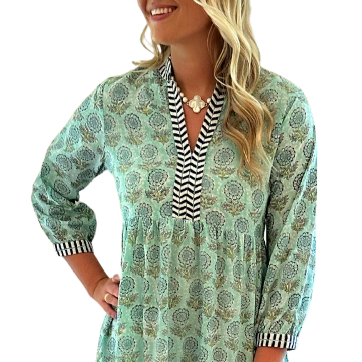 The Naomi Hand Blocked Floral Embroidered Trim Dress in Aqua — view 5