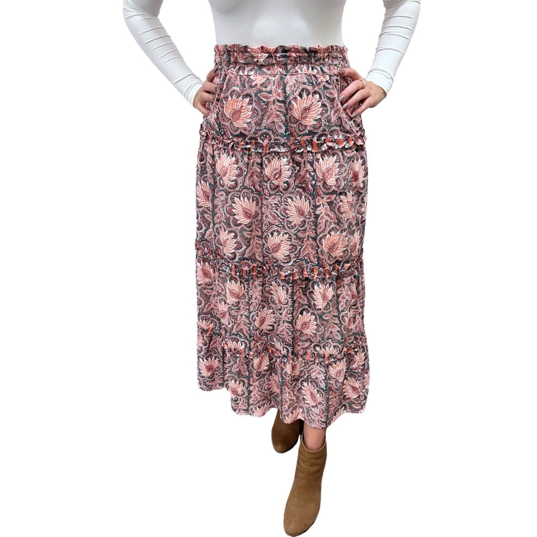The Kara Skirt in Hand Blocked Cotton Orange and Green Print — view 3