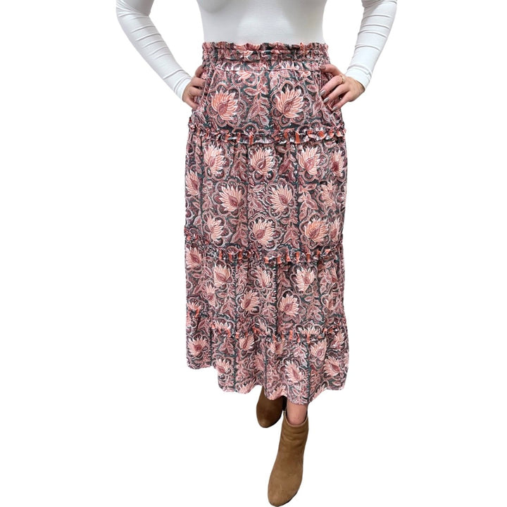 The Kara Skirt in Hand Blocked Cotton Orange and Green Print — view 3
