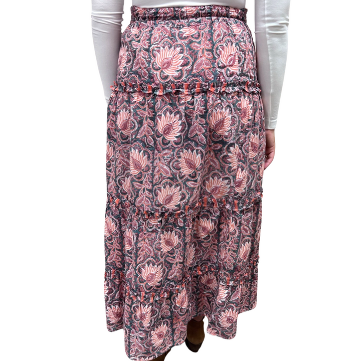 The Kara Skirt in Hand Blocked Cotton Orange and Green Print — view 4