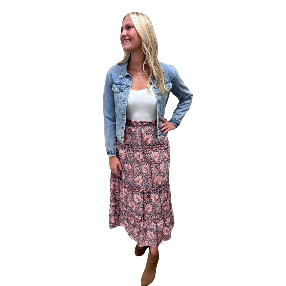 The Kara Skirt in Hand Blocked Cotton Orange and Green Print — view 2
