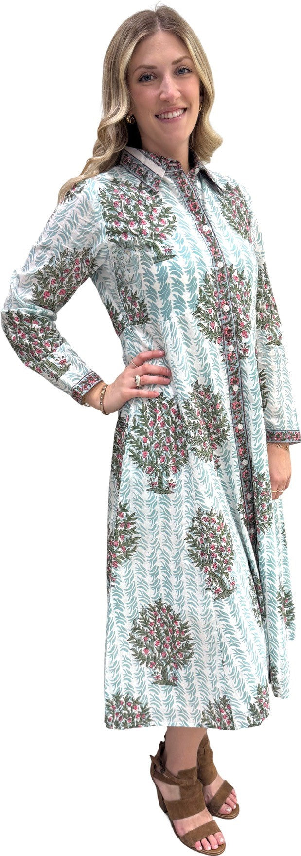 The Marion Hand Block Printed Dress in Aqua Floral — view 2