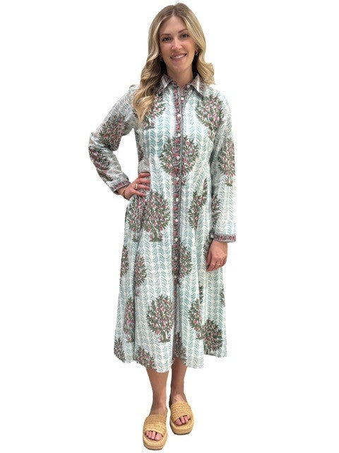 The Marion Hand Block Printed Dress in Aqua Floral — view 5