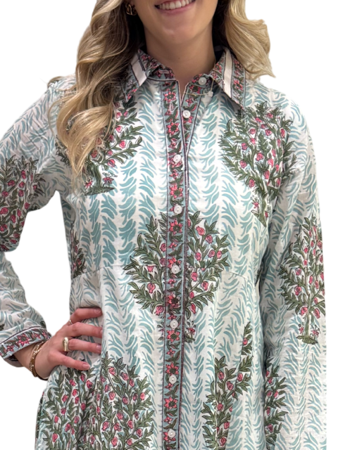 The Marion Hand Block Printed Dress in Aqua Floral — view 6