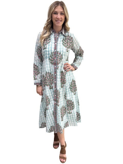 The Marion Hand Block Printed Dress in Aqua Floral