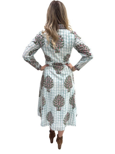 The Marion Hand Block Printed Dress in Aqua Floral — view 7