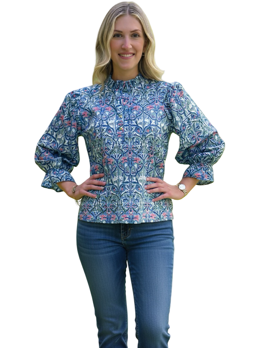 The Ainsley Hand Block Printed Cotton Ruffle Trimmed Top