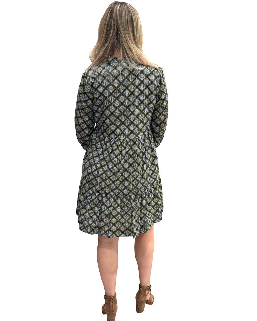 The Preston 3/4 Sleeve Dress in Green Grey Silver Lurex — view 6