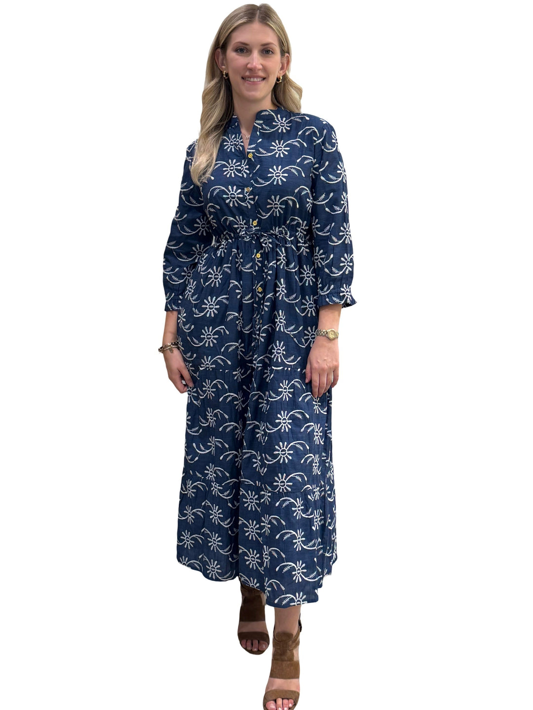 The Hamilton Embroidered Tie Waist Dress in Blue