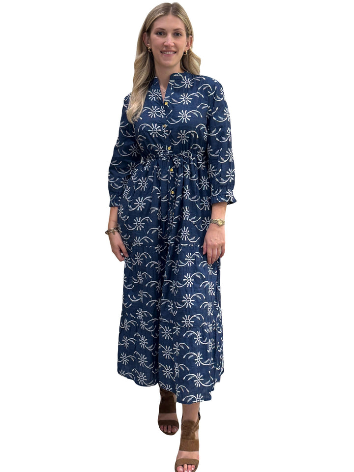 The Hamilton Embroidered Tie Waist Dress in Blue