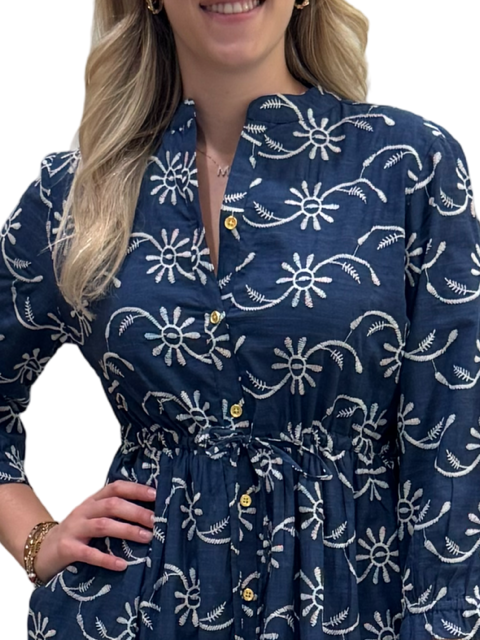 The Hamilton Embroidered Tie Waist Dress in Blue — view 2