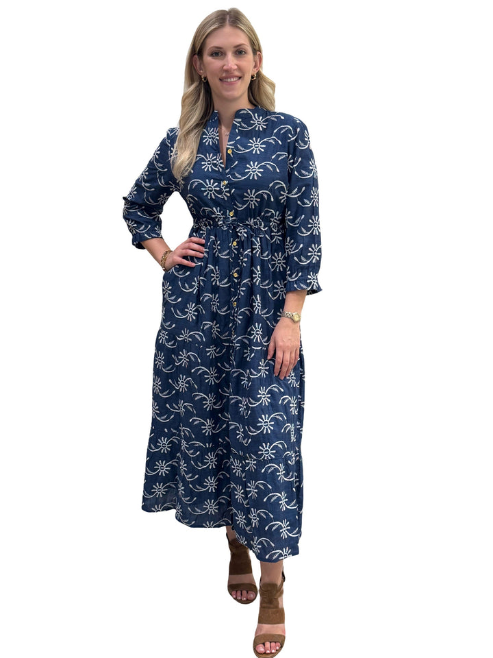 The Hamilton Embroidered Tie Waist Dress in Blue — view 3