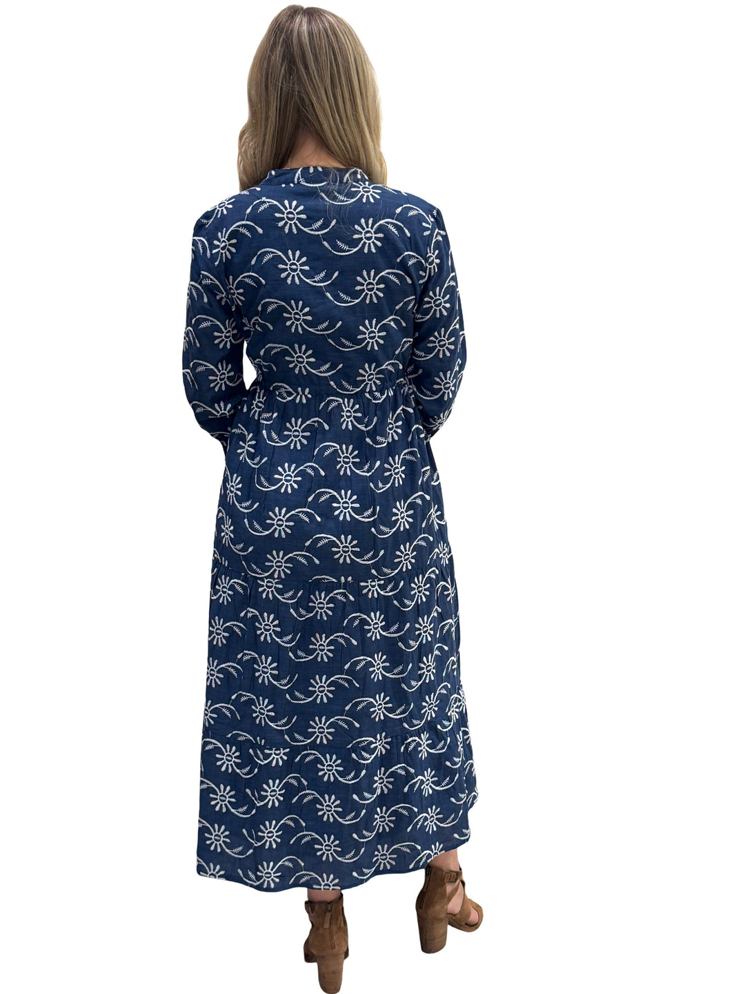 The Hamilton Embroidered Tie Waist Dress in Blue — view 5
