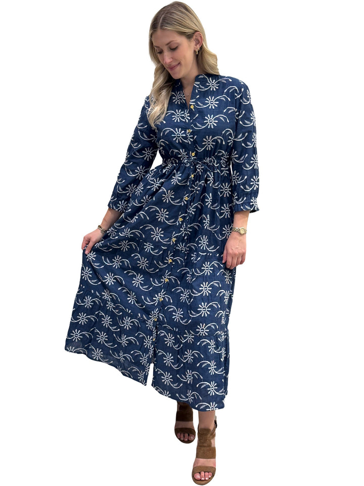 The Hamilton Embroidered Tie Waist Dress in Blue — view 4